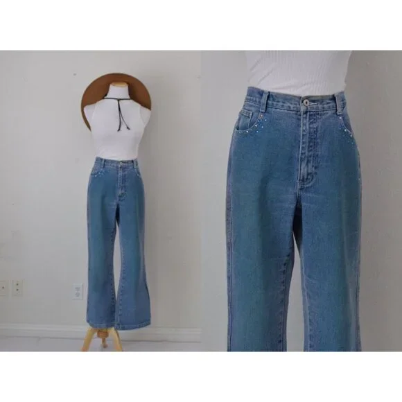 Vintage 80s Flared Rhinestones Mom Jeans by‎ L.A. BLUES size 12 - Picture 1 of 10